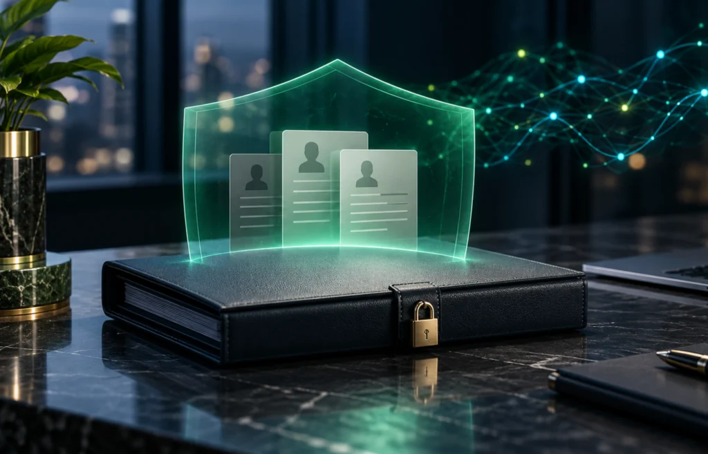 Table with secured file and shield graphics overlay