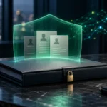 Table with secured file and shield graphics overlay